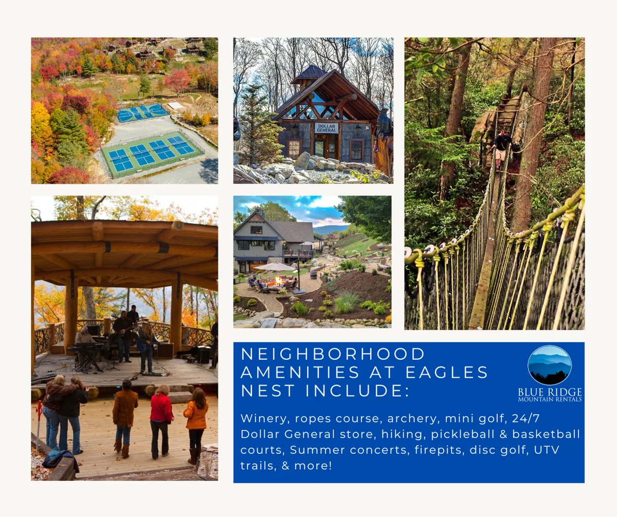 A lively exterior scene featuring the ropes course, archery area, mini golf course, and an outdoor stage set against the backdrop of a luxurious lodge and scenic trails. People are seen hiking, playing mini golf, and attending what looks like a summer concert, evoking a vibrant, active atmosphere.
